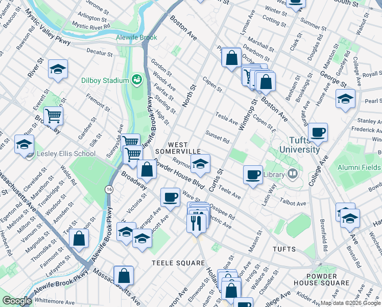 map of restaurants, bars, coffee shops, grocery stores, and more near 54 Curtis Avenue in Somerville