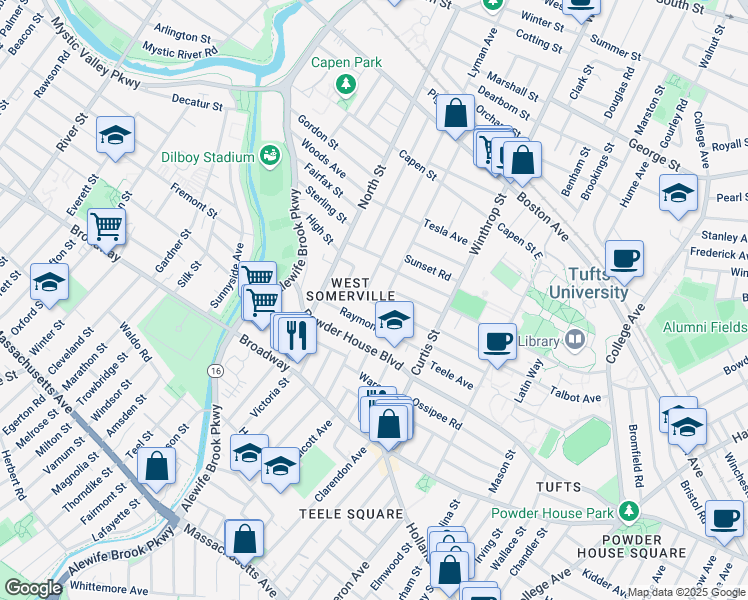 map of restaurants, bars, coffee shops, grocery stores, and more near 54 Curtis Avenue in Somerville