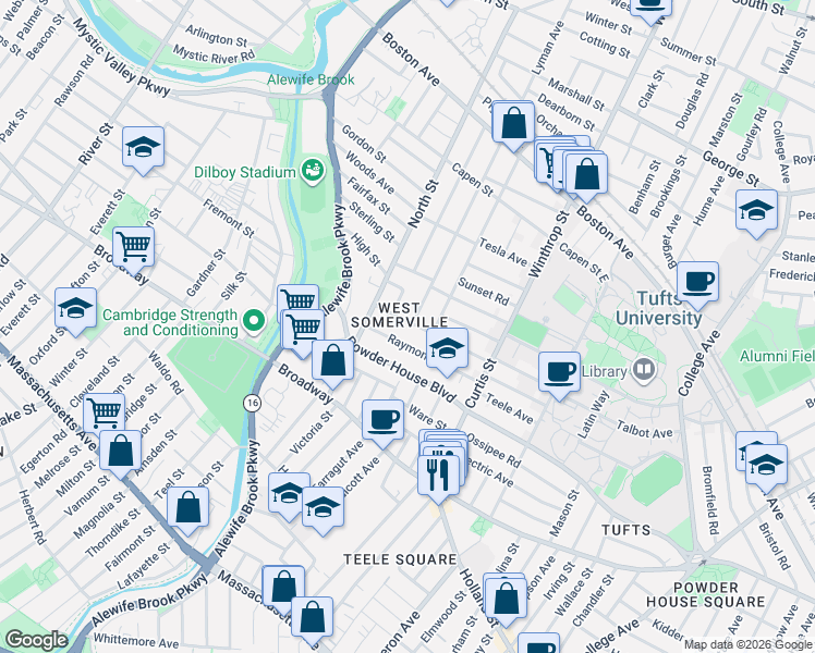 map of restaurants, bars, coffee shops, grocery stores, and more near in Somerville
