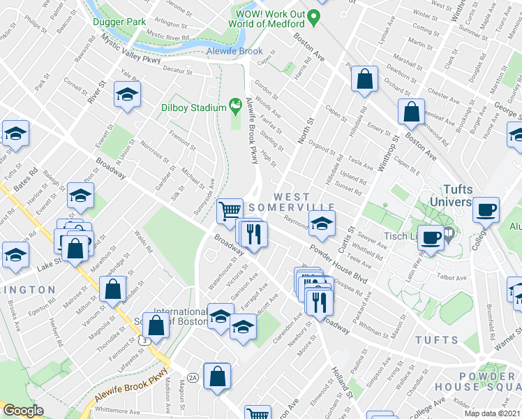 map of restaurants, bars, coffee shops, grocery stores, and more near 66 North Street in Somerville