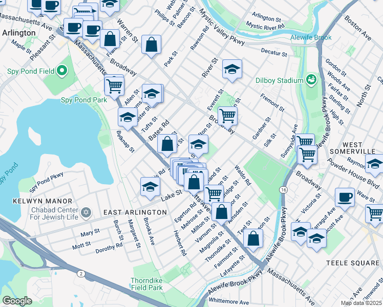 map of restaurants, bars, coffee shops, grocery stores, and more near 46-48 Oxford Street in Arlington