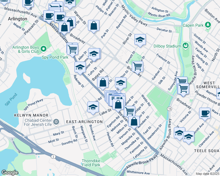 map of restaurants, bars, coffee shops, grocery stores, and more near 21 Everett Street in Arlington