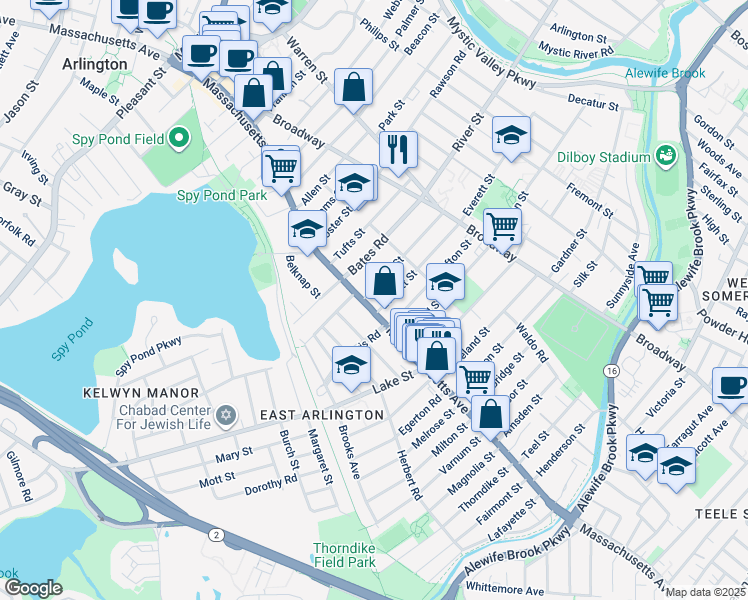 map of restaurants, bars, coffee shops, grocery stores, and more near in Arlington