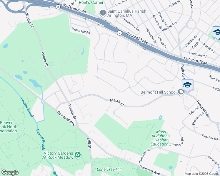 map of restaurants, bars, coffee shops, grocery stores, and more near 50 Woodfall Road in Belmont
