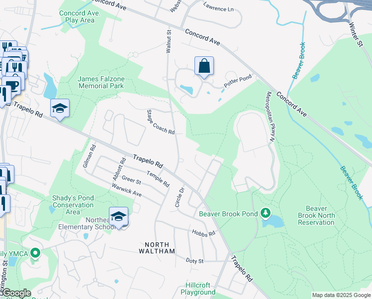 map of restaurants, bars, coffee shops, grocery stores, and more near 45 Woburn Street in Waltham