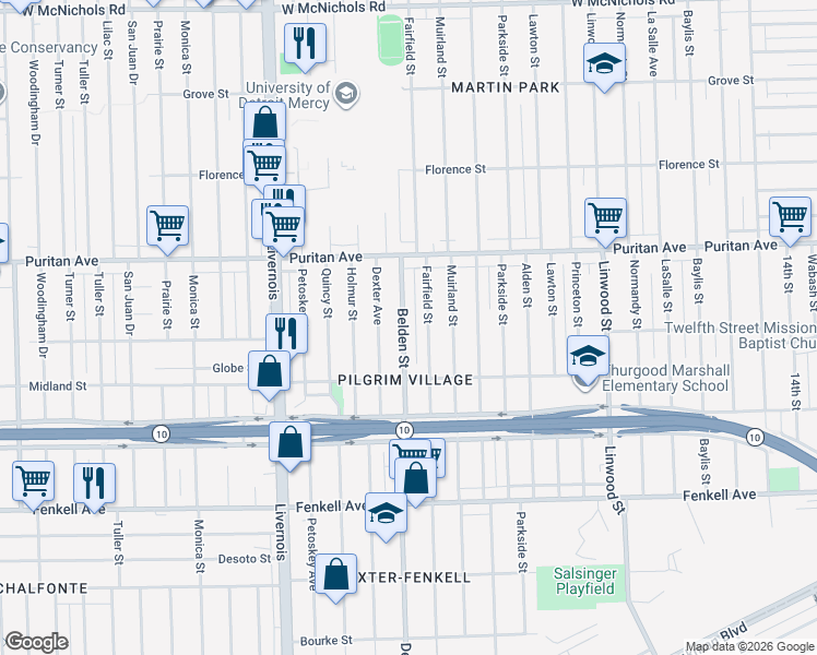map of restaurants, bars, coffee shops, grocery stores, and more near 15816 Dexter Avenue in Detroit