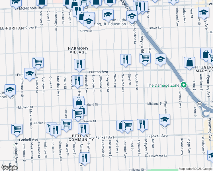 map of restaurants, bars, coffee shops, grocery stores, and more near 15816 Cheyenne Street in Detroit