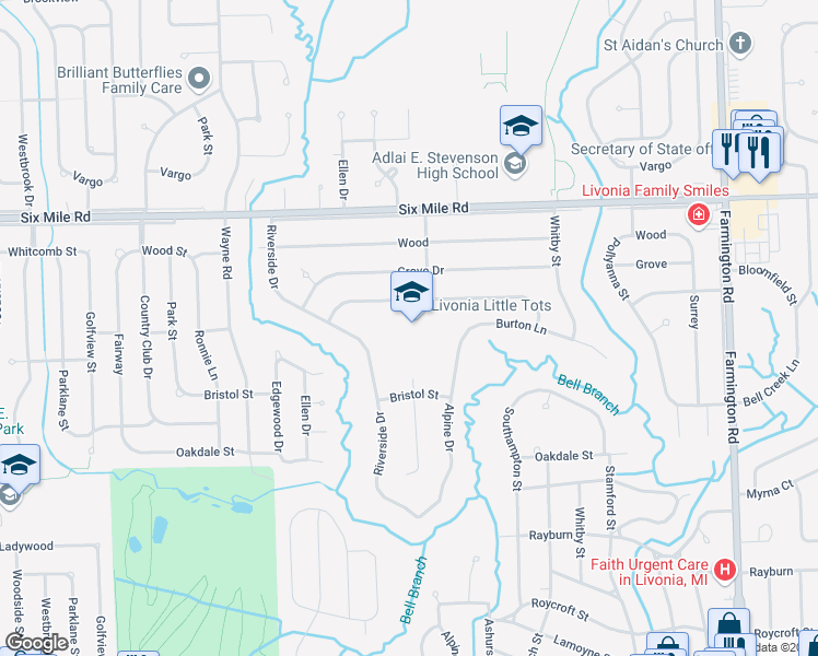 map of restaurants, bars, coffee shops, grocery stores, and more near 34633 Munger in Livonia