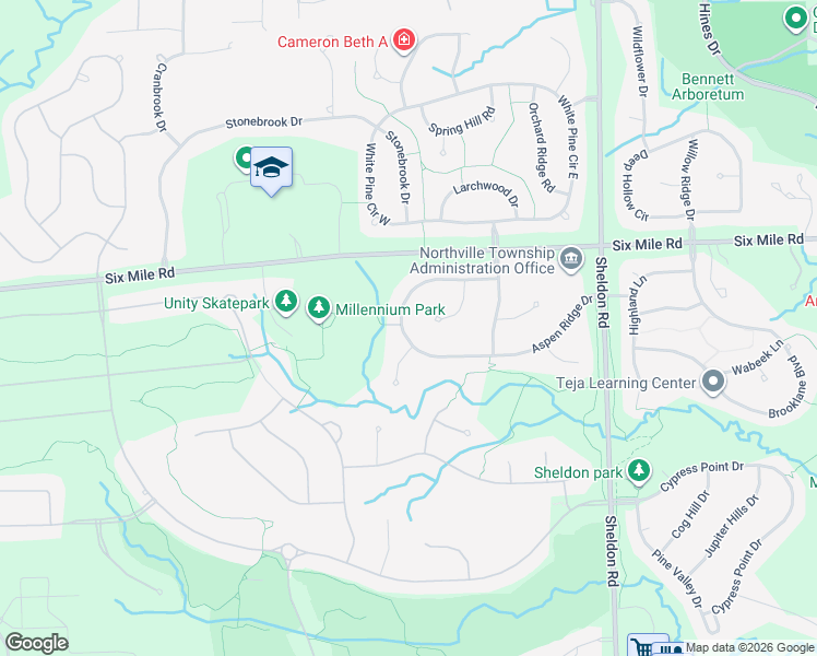 map of restaurants, bars, coffee shops, grocery stores, and more near 44704 Aspen Ridge Drive in Northville