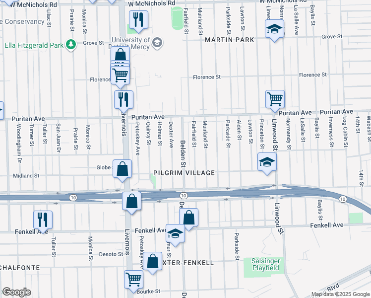 map of restaurants, bars, coffee shops, grocery stores, and more near 15816 Dexter Avenue in Detroit