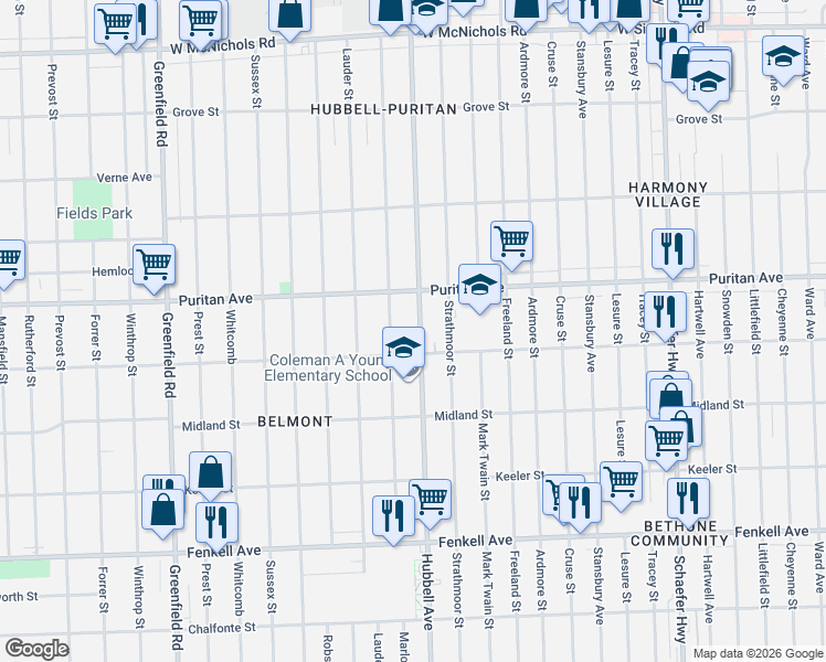 map of restaurants, bars, coffee shops, grocery stores, and more near 15844 Marlowe Street in Detroit