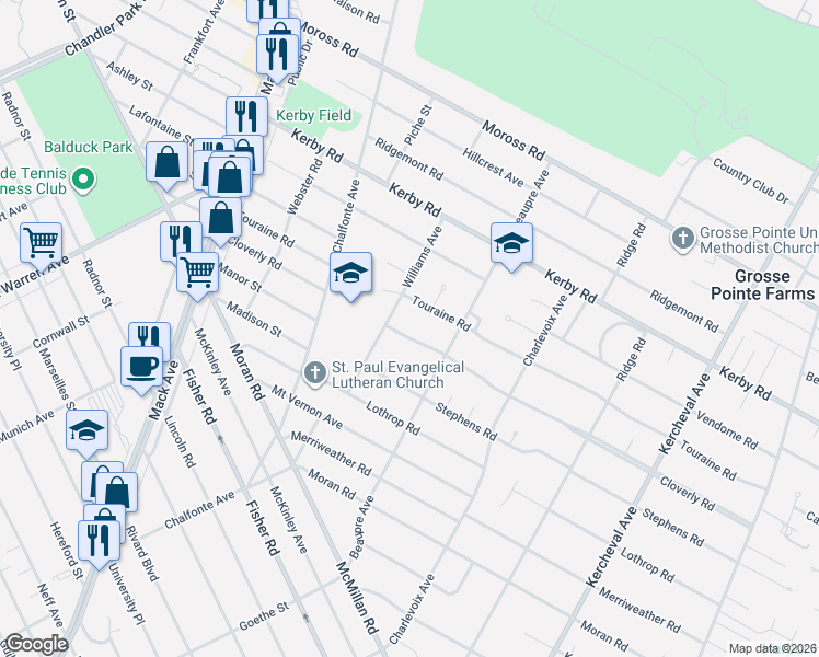 map of restaurants, bars, coffee shops, grocery stores, and more near 315 Touraine Road in Grosse Pointe Farms