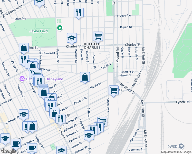 map of restaurants, bars, coffee shops, grocery stores, and more near 5575 Casmere Street in Hamtramck