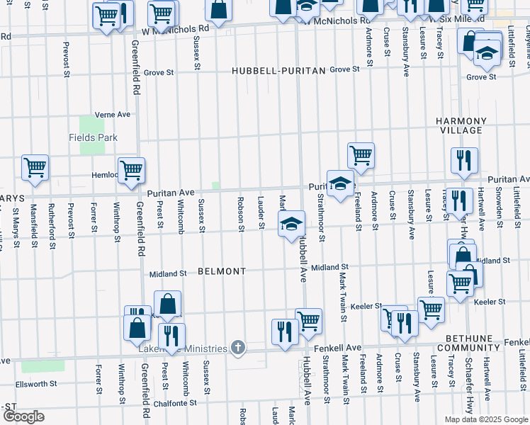 map of restaurants, bars, coffee shops, grocery stores, and more near 15858 Lauder Street in Detroit
