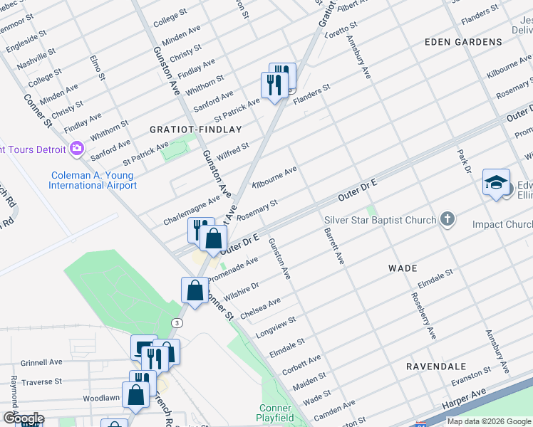 map of restaurants, bars, coffee shops, grocery stores, and more near 11710 Rosemary Street in Detroit
