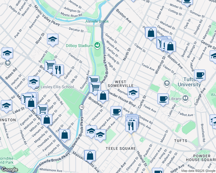 map of restaurants, bars, coffee shops, grocery stores, and more near 66 North Street in Somerville
