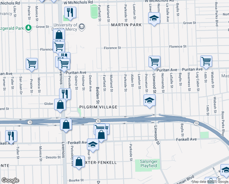 map of restaurants, bars, coffee shops, grocery stores, and more near 15804 Muirland Street in Detroit