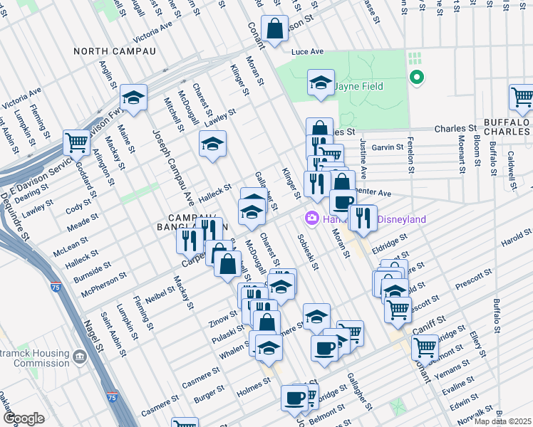 map of restaurants, bars, coffee shops, grocery stores, and more near 12224 Charest St in Hamtramck