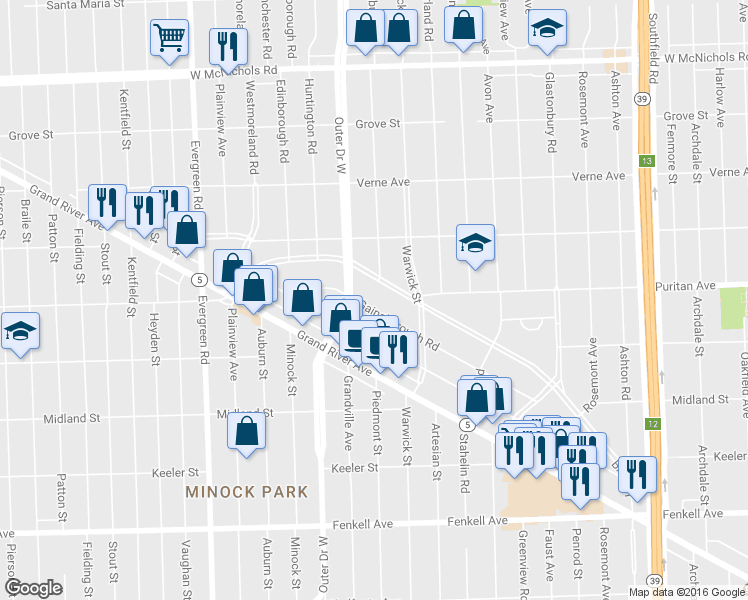 map of restaurants, bars, coffee shops, grocery stores, and more near 19240 Gainsborough Road in Detroit