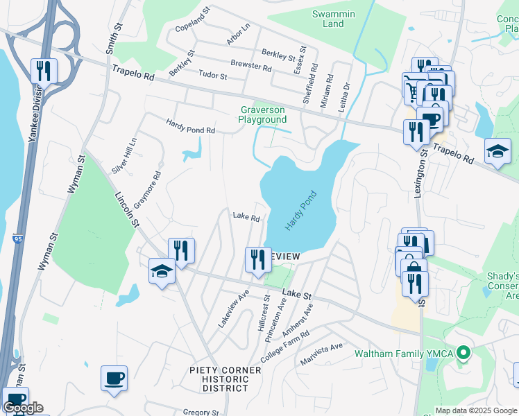 map of restaurants, bars, coffee shops, grocery stores, and more near 115 Lakeview Terrace in Waltham