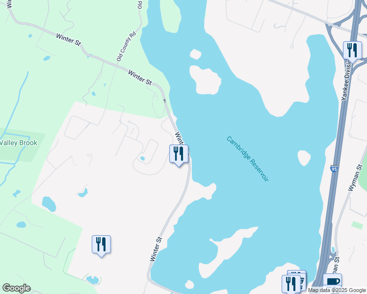 map of restaurants, bars, coffee shops, grocery stores, and more near 1050 Winter Street in Waltham