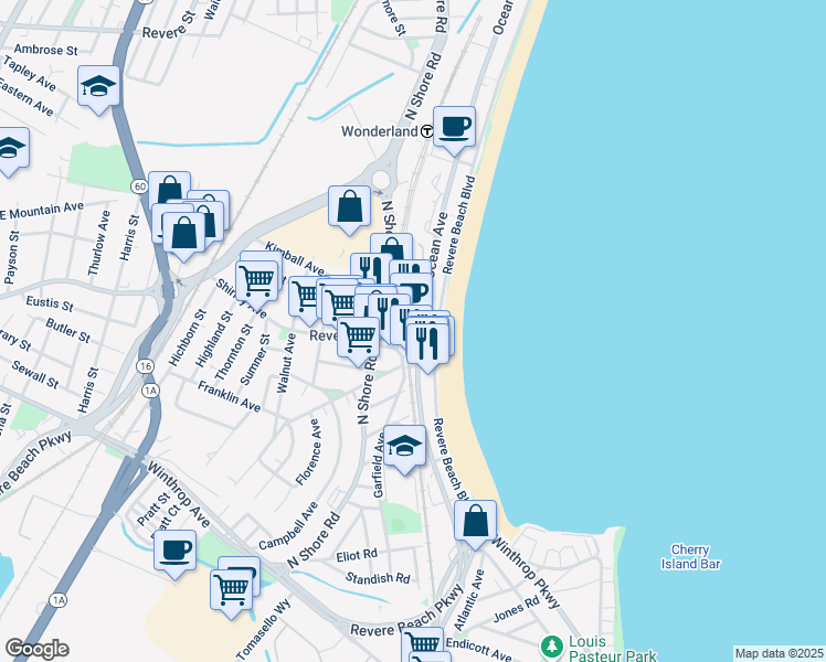 map of restaurants, bars, coffee shops, grocery stores, and more near 300 Ocean Avenue in Revere