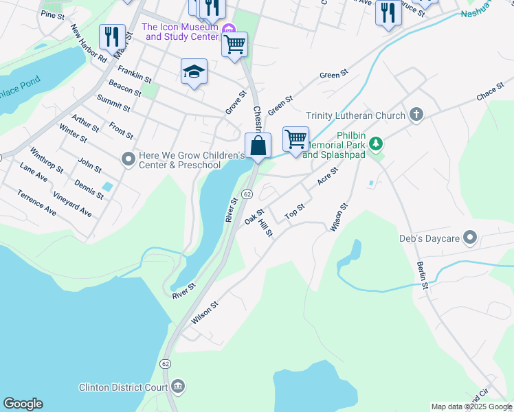 map of restaurants, bars, coffee shops, grocery stores, and more near 46 Oak Street in Clinton