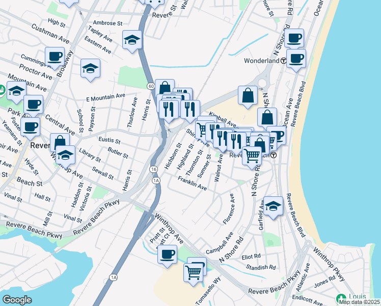 map of restaurants, bars, coffee shops, grocery stores, and more near 61 Highland Street in Revere
