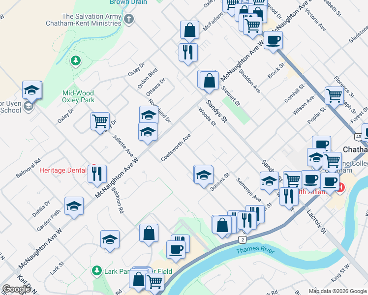 map of restaurants, bars, coffee shops, grocery stores, and more near 150 Canterbury Street in Chatham-Kent