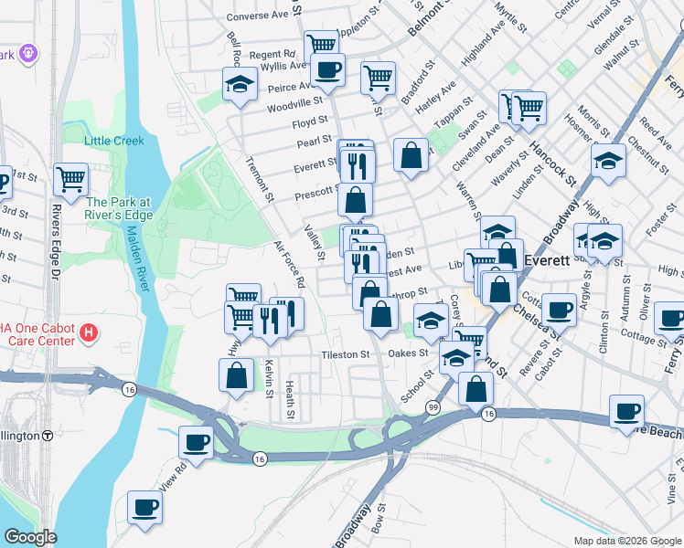 map of restaurants, bars, coffee shops, grocery stores, and more near 22 Elm Road in Everett