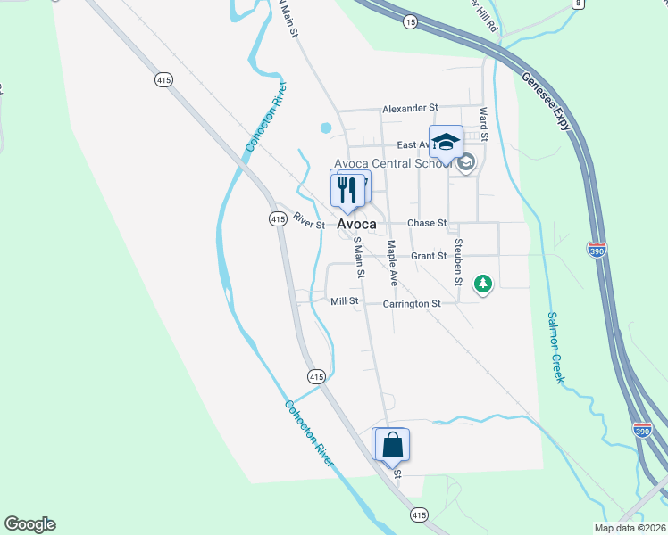 map of restaurants, bars, coffee shops, grocery stores, and more near 4 Exchange St in Avoca