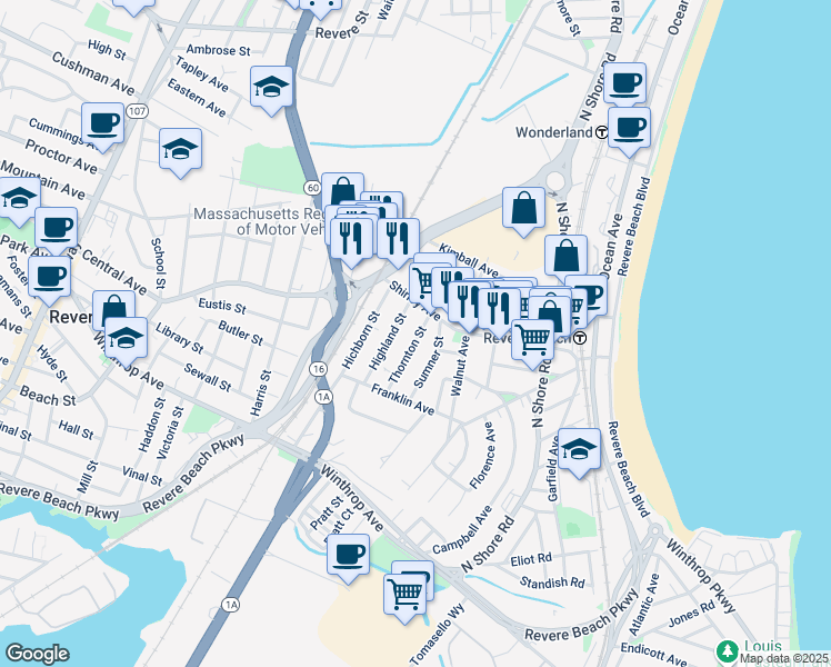 map of restaurants, bars, coffee shops, grocery stores, and more near 64 Thornton Street in Revere