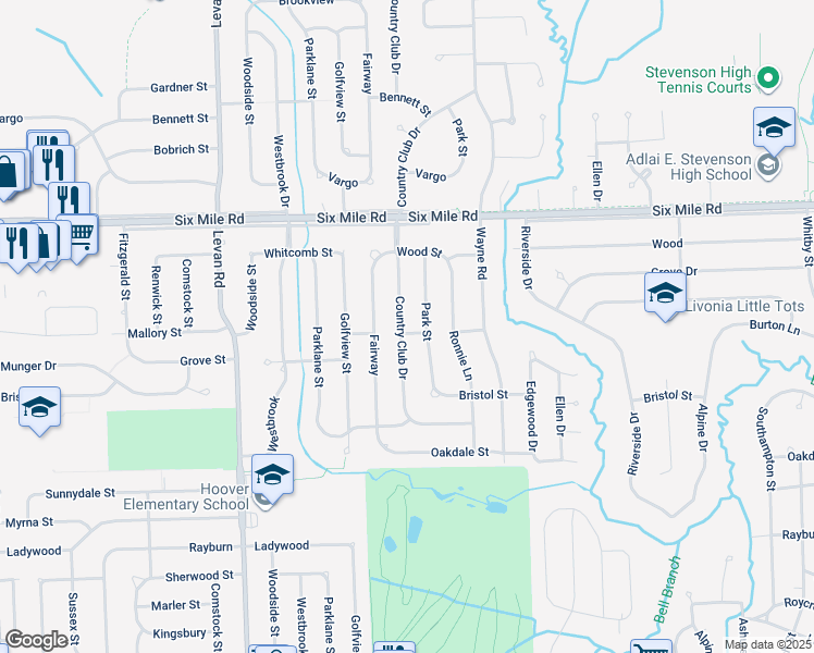 map of restaurants, bars, coffee shops, grocery stores, and more near 16532 Country Club Drive in Livonia