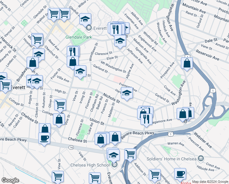 map of restaurants, bars, coffee shops, grocery stores, and more near 79 Harvard Street in Everett
