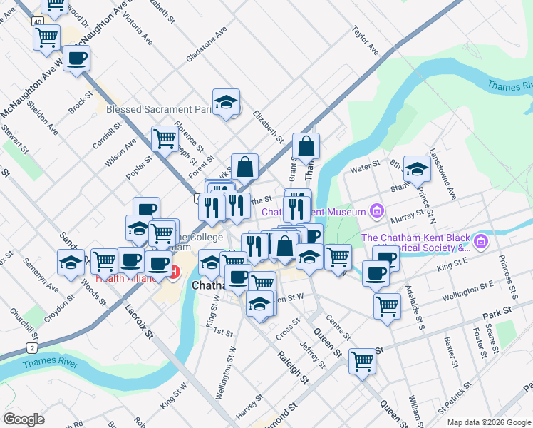 map of restaurants, bars, coffee shops, grocery stores, and more near 61 Dover Street in Chatham-Kent