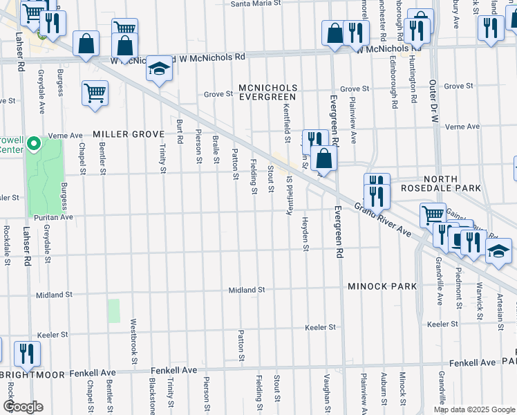 map of restaurants, bars, coffee shops, grocery stores, and more near 16104 Fielding Street in Detroit