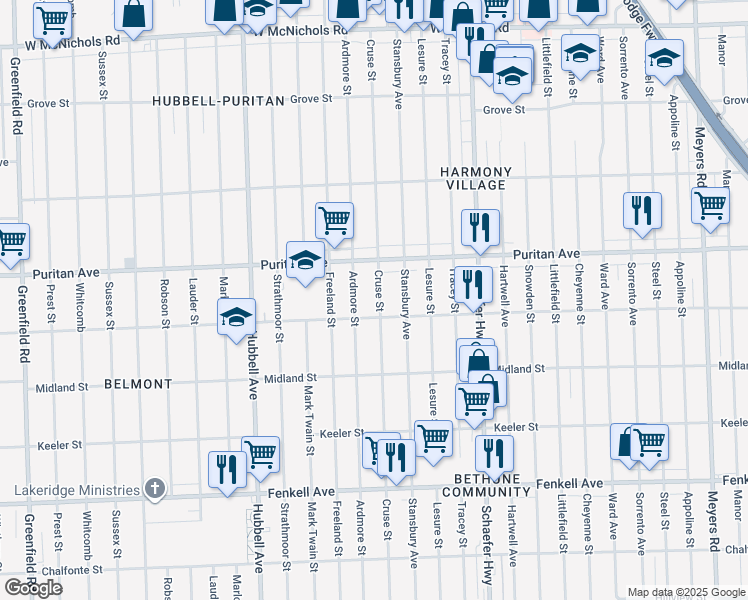 map of restaurants, bars, coffee shops, grocery stores, and more near 15835 Cruse Street in Detroit