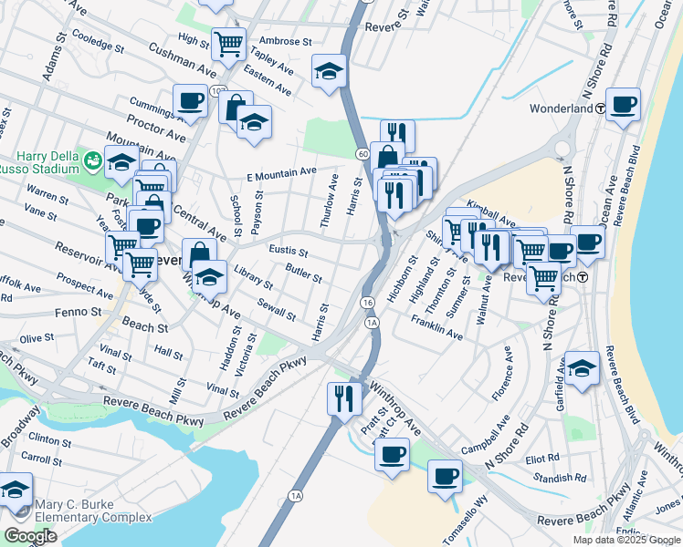 map of restaurants, bars, coffee shops, grocery stores, and more near 99 Harris Street in Revere