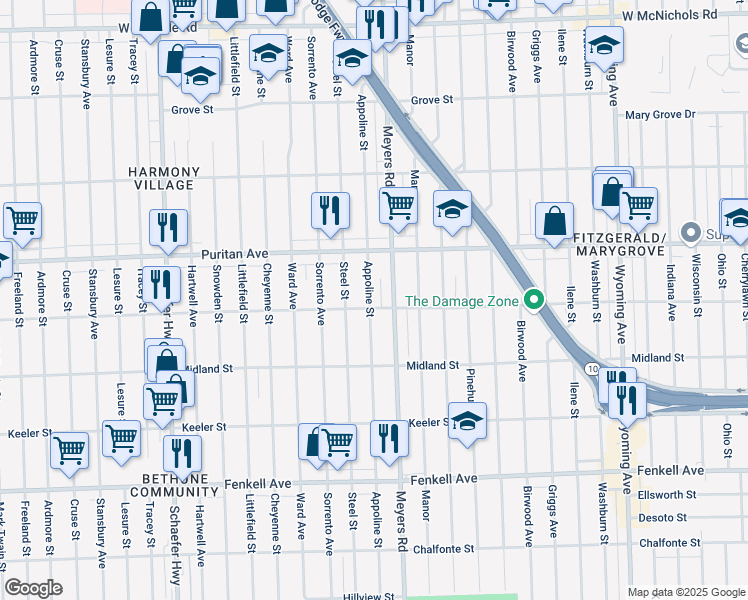 map of restaurants, bars, coffee shops, grocery stores, and more near 15810 Appoline Street in Detroit