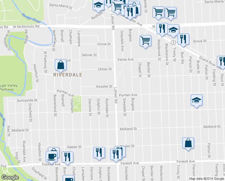map of restaurants, bars, coffee shops, grocery stores, and more near 16135 Lahser Road in Detroit