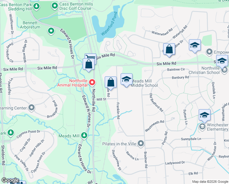 map of restaurants, bars, coffee shops, grocery stores, and more near 16715 Franklin Road in Northville
