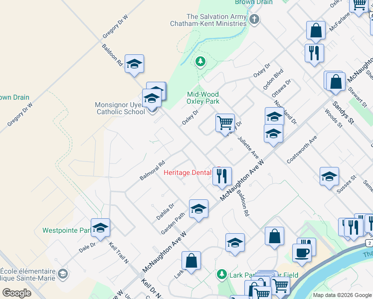 map of restaurants, bars, coffee shops, grocery stores, and more near 115 Doverdoon Drive in Chatham
