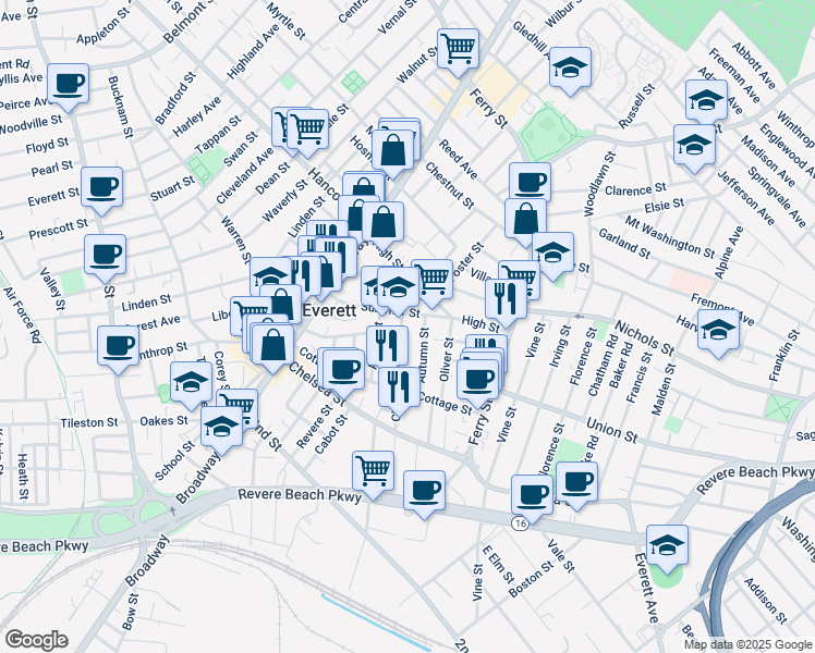 map of restaurants, bars, coffee shops, grocery stores, and more near 89 Clinton Street in Everett