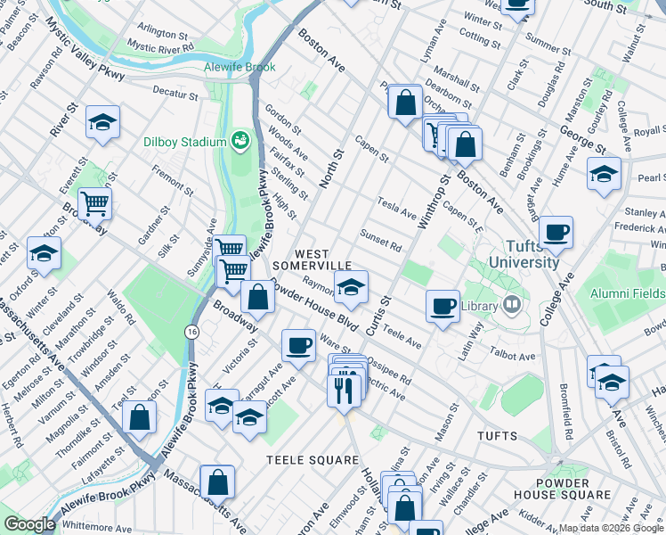 map of restaurants, bars, coffee shops, grocery stores, and more near 63 Conwell Avenue in Somerville