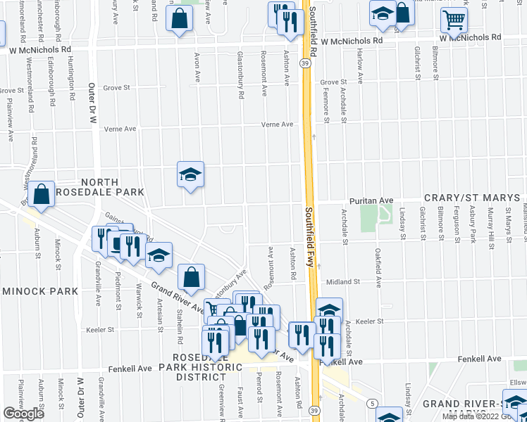 map of restaurants, bars, coffee shops, grocery stores, and more near 15903 Rosemont Avenue in Detroit