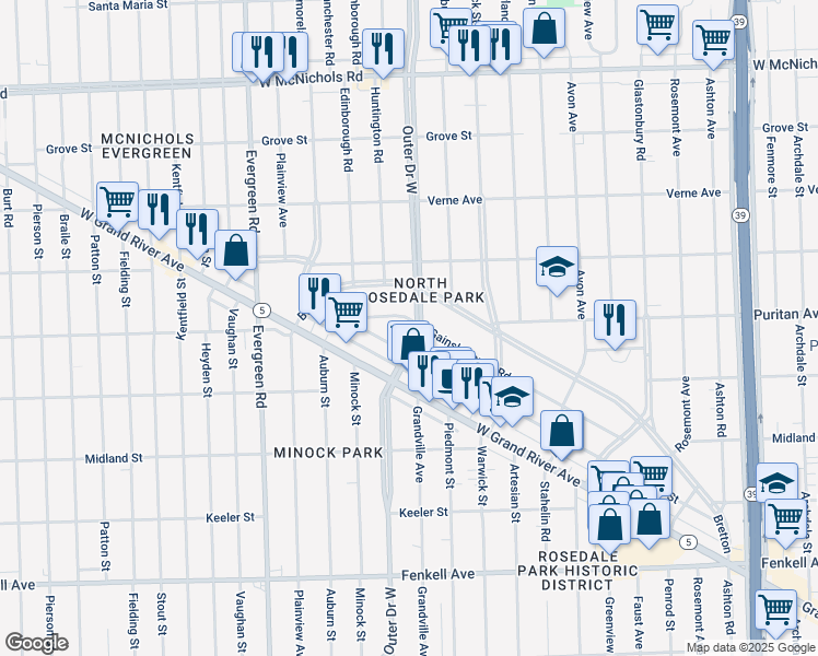 map of restaurants, bars, coffee shops, grocery stores, and more near 9514 Outer Drive West in Detroit