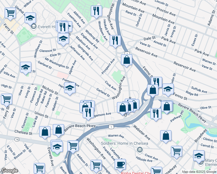 map of restaurants, bars, coffee shops, grocery stores, and more near 45 Kimball Road in Chelsea