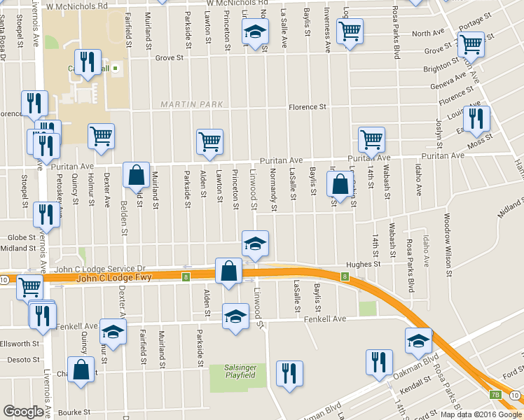map of restaurants, bars, coffee shops, grocery stores, and more near 15810 Linwood Street in Detroit