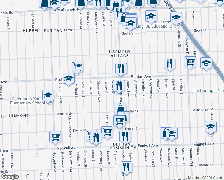 map of restaurants, bars, coffee shops, grocery stores, and more near 15832 Lesure Street in Detroit