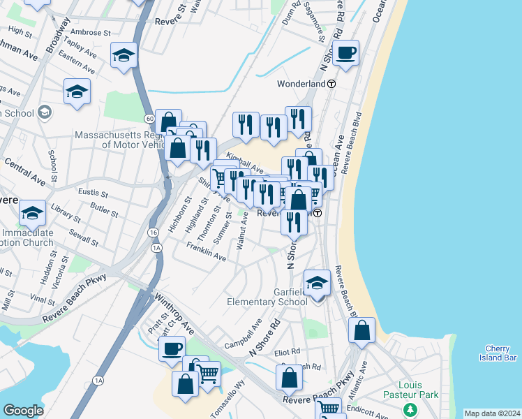map of restaurants, bars, coffee shops, grocery stores, and more near 27 Nahant Avenue in Revere